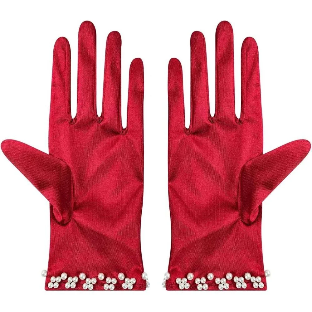 Women's Burgundy Satin Pearl Short Length Gloves Wedding Banquet Party Prom